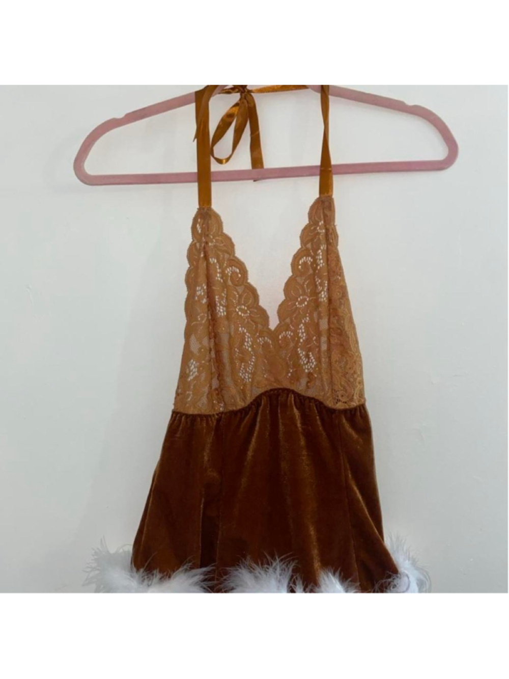 Brown copper velvet bra lace top